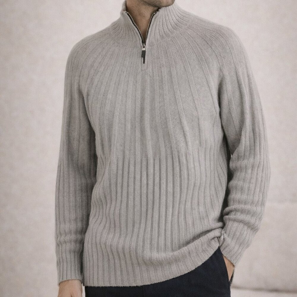 Iceberg Wool Mohair Quarter-Zip Ribbed Pullover Sweater Gray L
